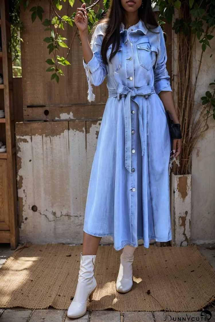 pocket lapel belted long sleeve denim dress