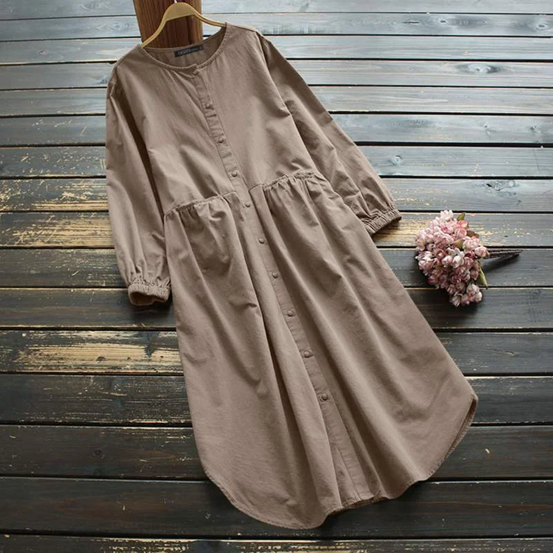 Vintage Long Sleeve Sundress ZANZEA Women Spring Long Shirt Dress Elegant O Neck Solid OL Work Vestidos Casual Baggy Dresses 7