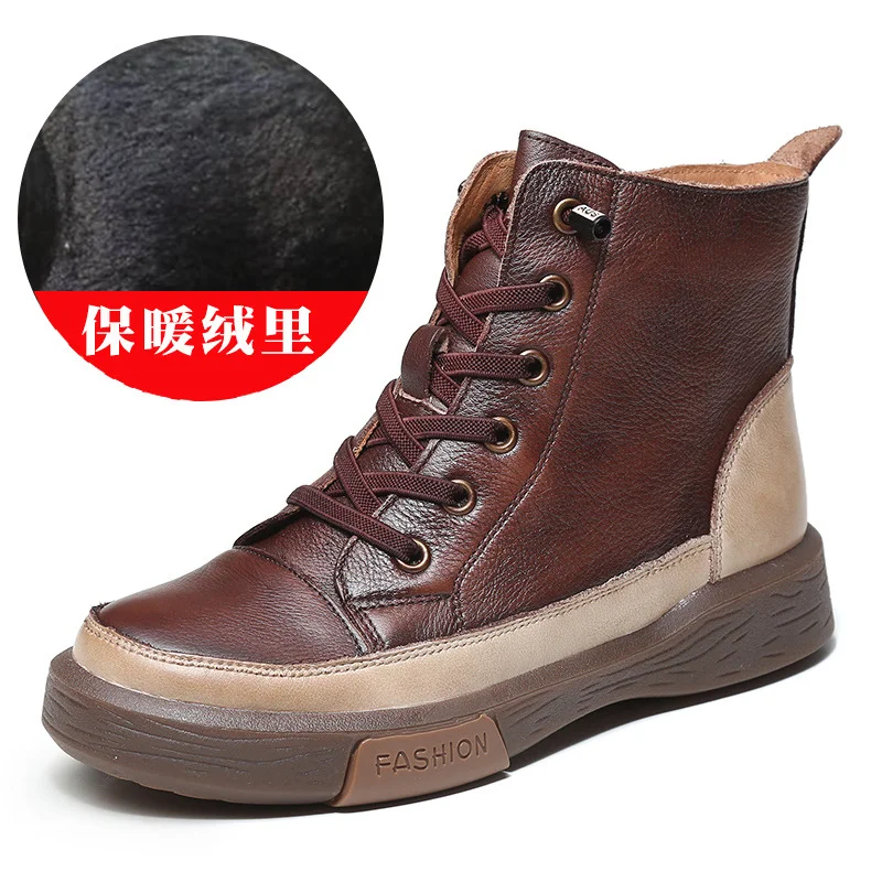 Yyvonne Martin Boots Women Retro Water Wash Skin With Beef Rib Bottom Boots Flat Base Soft Bottom Boots Plus Velvet