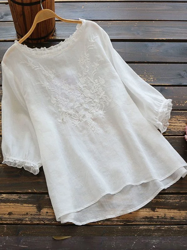Women's Vintage Cotton Linen Embroidered Crew Neck Mid Sleeve Top