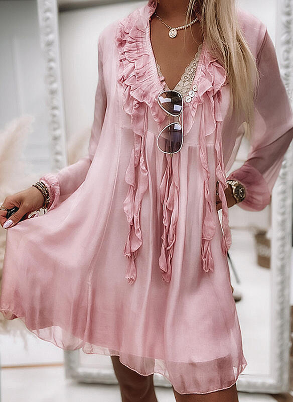 2021 Summer Women Fashion Party Dresses Elegant Long Sleeve Loose Chiffon Dress Sexy V Neck Ruffle Lady Solid Color Mini Dress