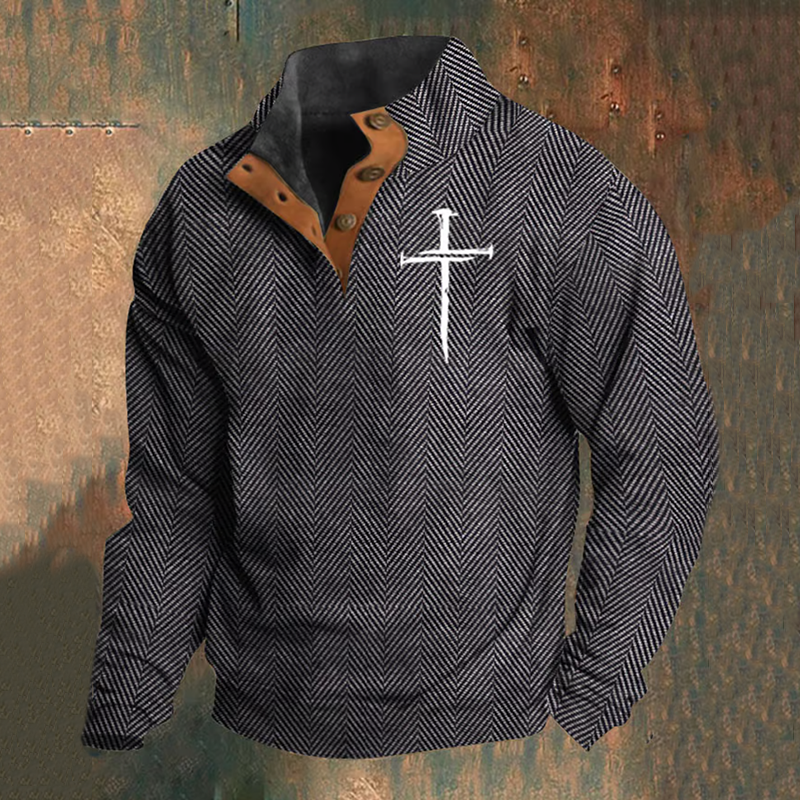 Comstylish Men's Vintage Jacquard Herringbone Faith Design Print Stand Collar Button-Up Sweatshirt