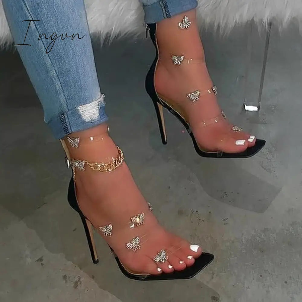 Ingvn - Butterfly Chain Zipper High Heels Black / 5