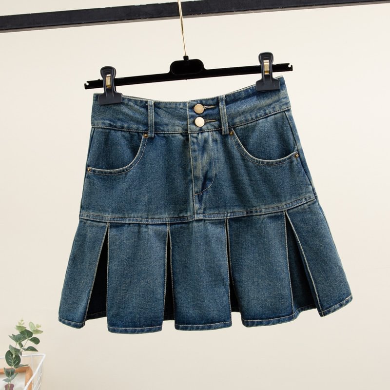 LINED HIGH WAIST PLEATED DENIM SKIRT