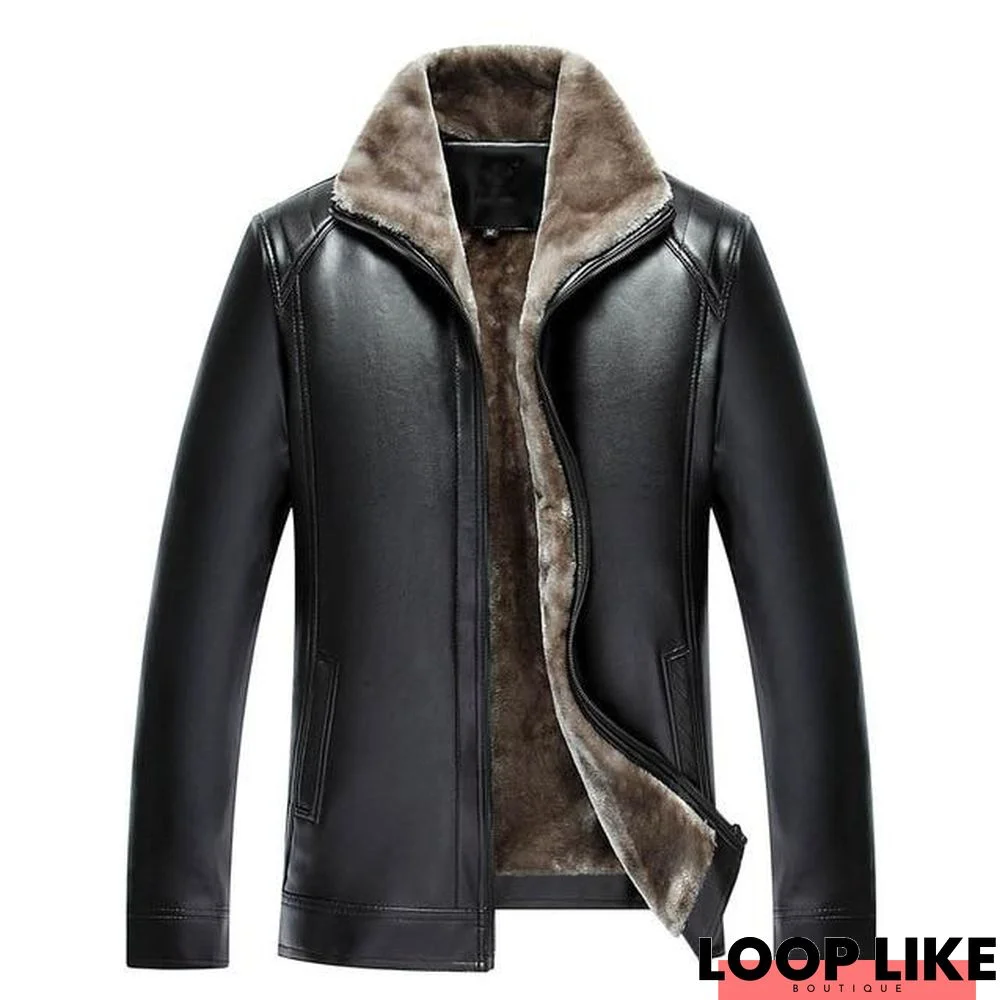 Men's Pu Leather Jacket Mens Brand Clothing Thermal Outerwear Winter Fur Male Fleece Leather Down Jackets Coats