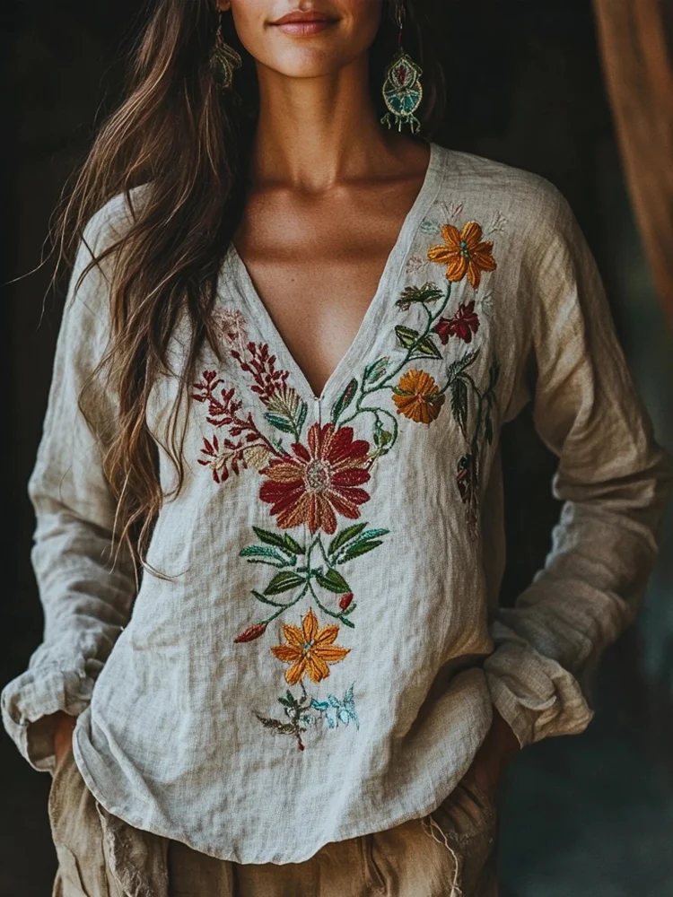 Retro Bohemian Floral Embroidered Linen Blend Cozy Shirt