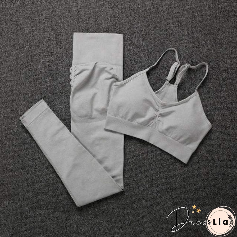 Solid Seamless Gym Two Piece Set Women High Stretchy Tracksuit Women Sports High Waist Leggings Workout Pants Sets Women