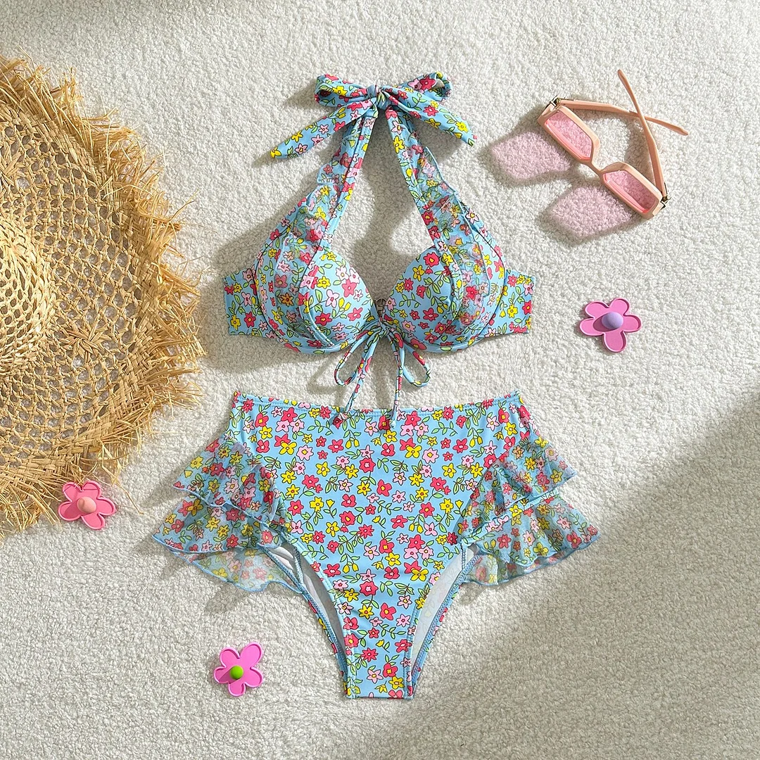 Brownm 2024 New Small Fresh Print High-Waisted Fly-Side Swimsuit Bikini Bikini