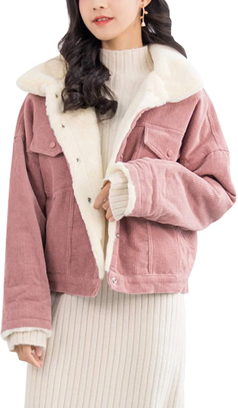 Women's Vintage Corduroy Sherpa Fleece Lined Jacket Thickened Warm Quilted Jacket