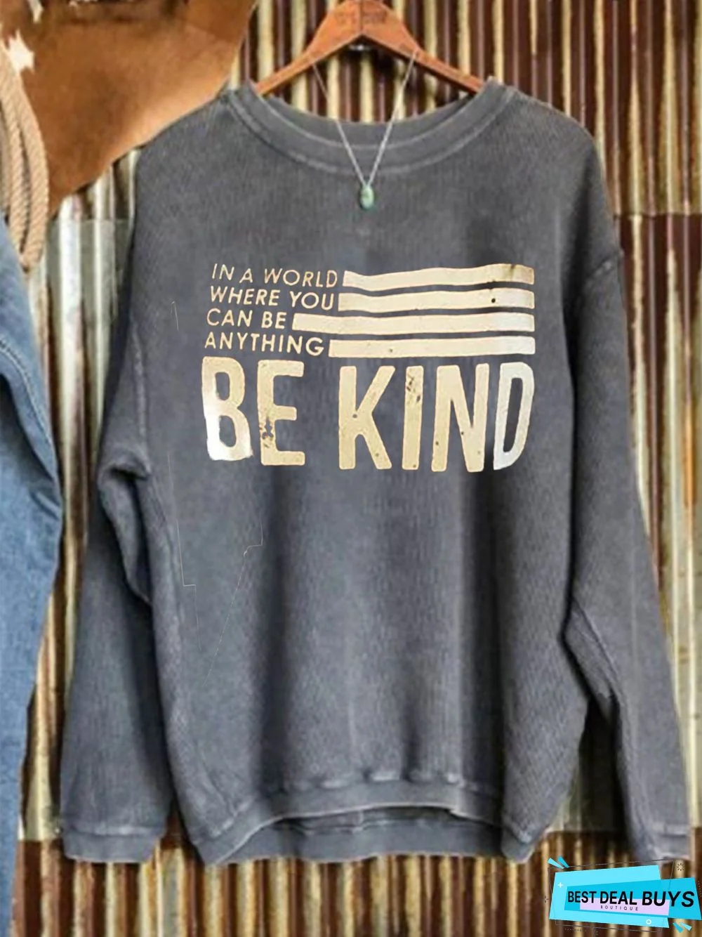 Gray Blue Cotton-Blend Long Sleeve Sweatshirt