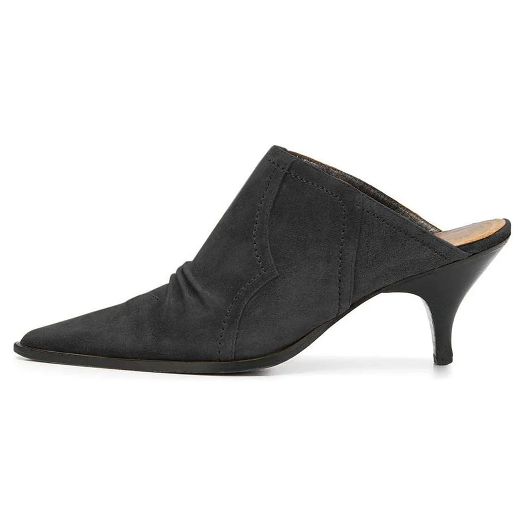 YDN Vegan Suede Kitten Heel Simple Pointy Toe Mules in Black
