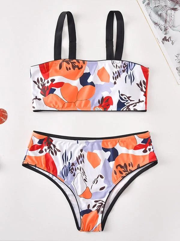 Floral-Print Strapless  Split Bikini Swimsuit