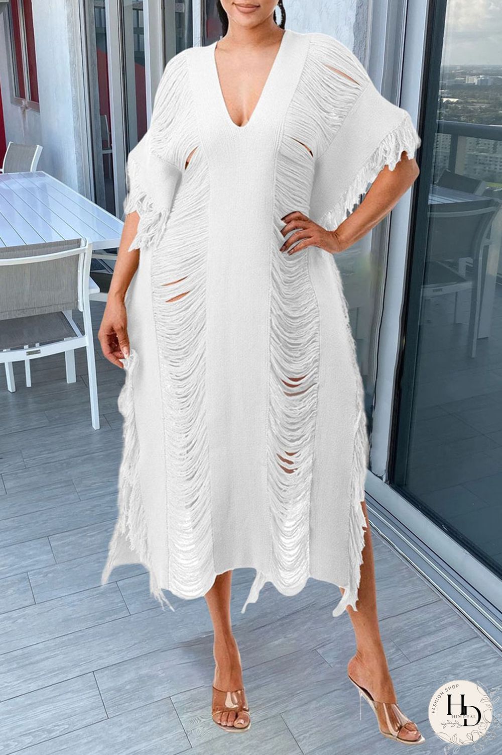 White Sexy Solid Tassel Hollowed Out Patchwork V Neck Beach Dress Dresses