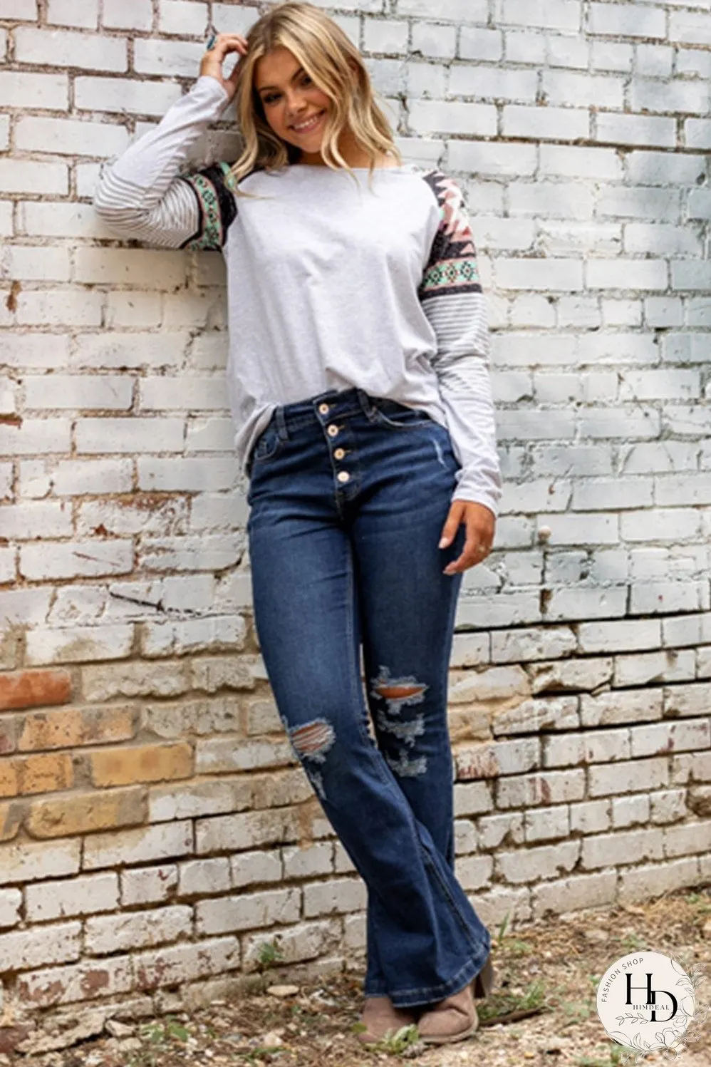 Distressed Dark Wash Flare Jeans with Wild West Graphic