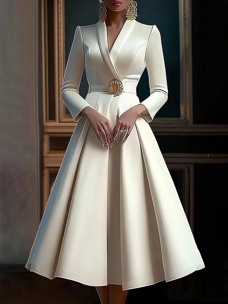 Ursime Elegant Wrap V Neck Long Sleeve Pleated Midi Dress