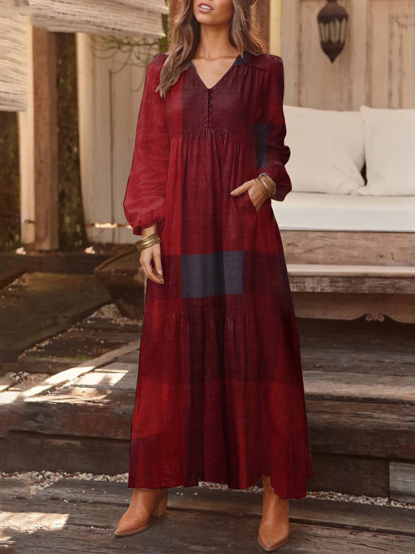 Women's Long Sleeve V-neck Graphic Plaid Print Maxi Dress