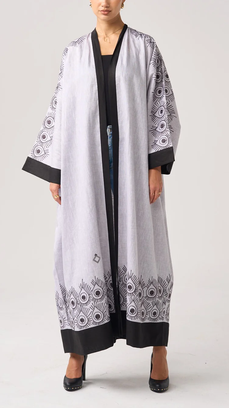 Cotton Linen Peacock Feather Cardigan Abaya-inspireuse