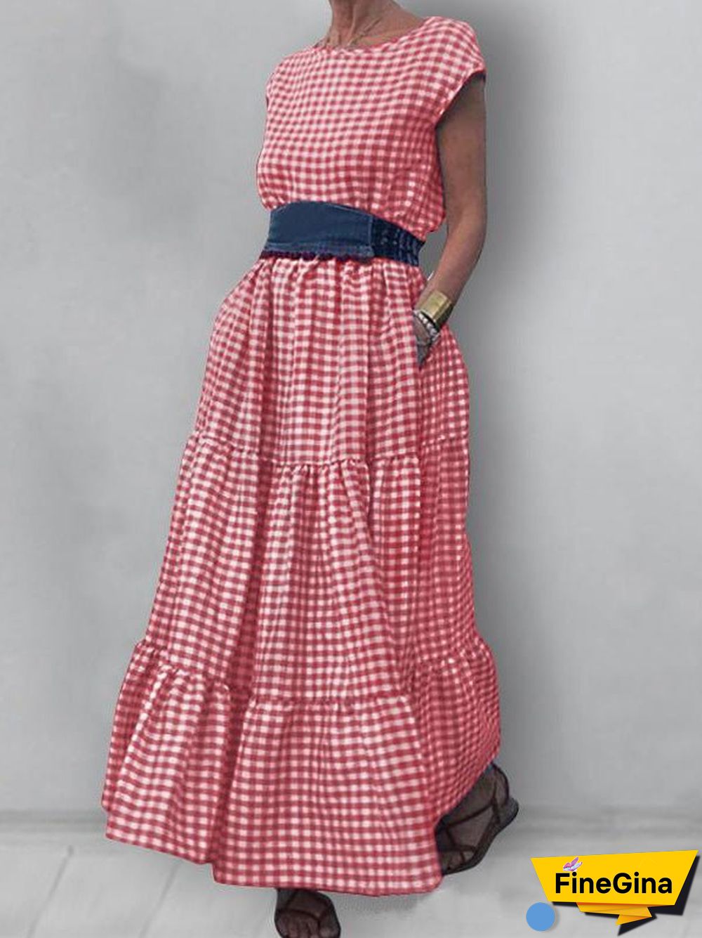 Women'S Dresses Check Print Crew Neck Pocket Maxi Dress