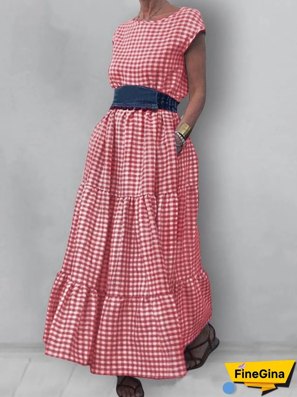 Women'S Dresses Check Print Crew Neck Pocket Maxi Dress