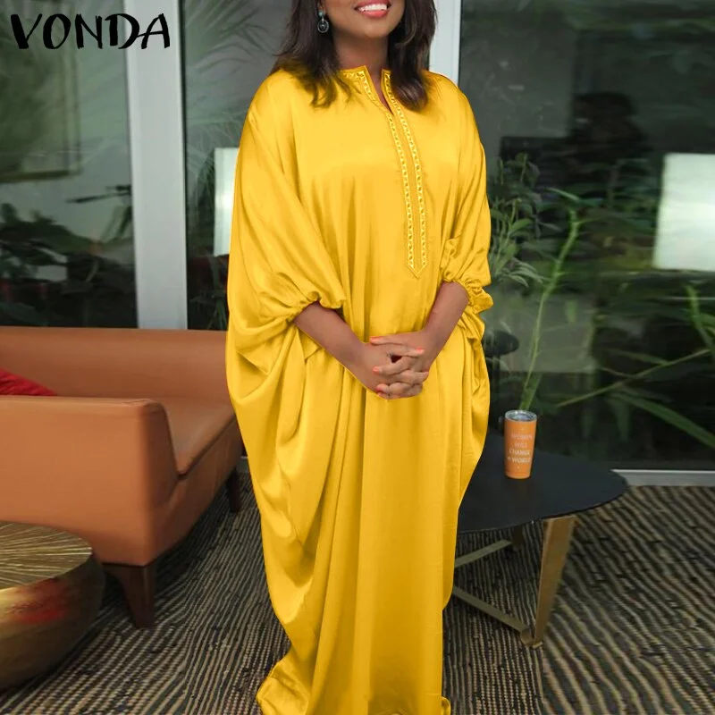Party Pleated Bat-Sleeve Baggy Vestidos VONDA Women Round Neck Printed Long Maxi Dresses 2022 Elegant Beach Sundress Female Robe