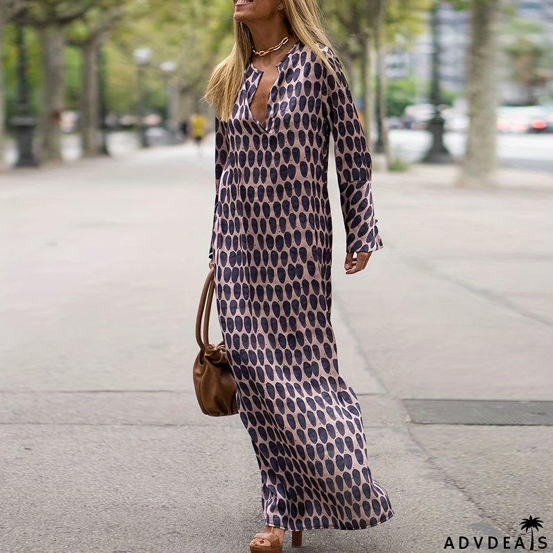 Plus Size Women Turndown Collar Long Sleeve Slit Dress