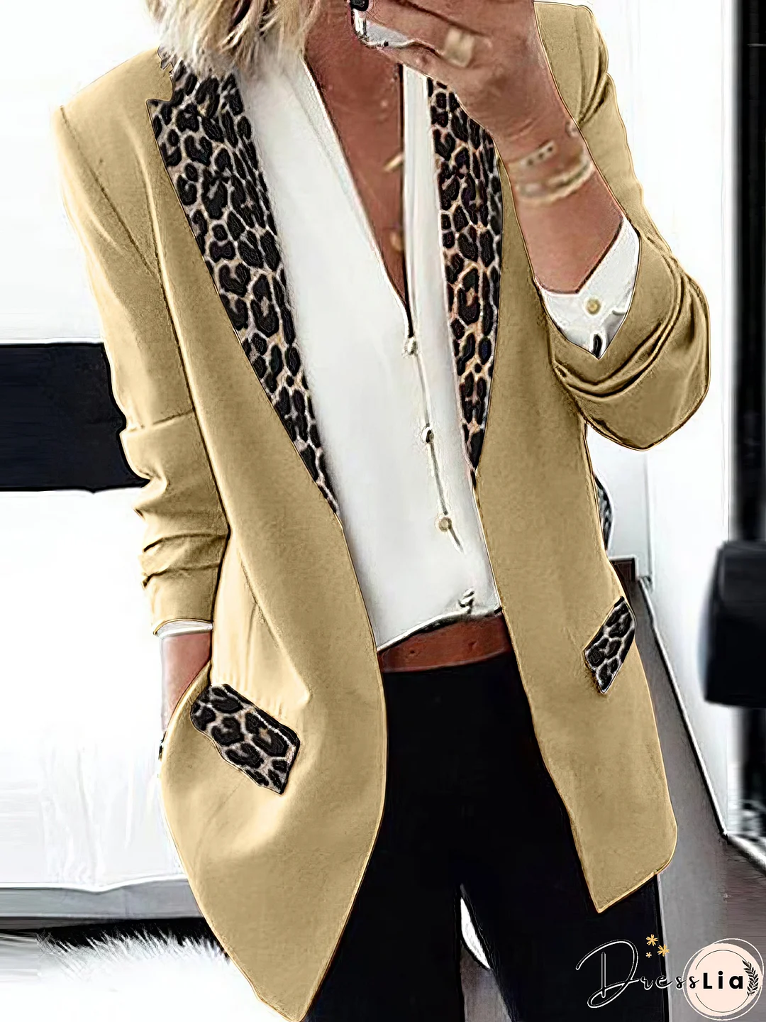 Women's Blazers Leopard Print Stitching Long Sleeve Blazer