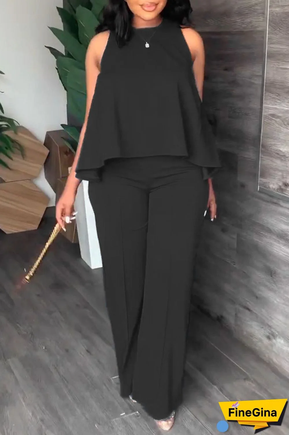 Black Casual Solid Patchwork O Neck Sleeveless Two Pieces