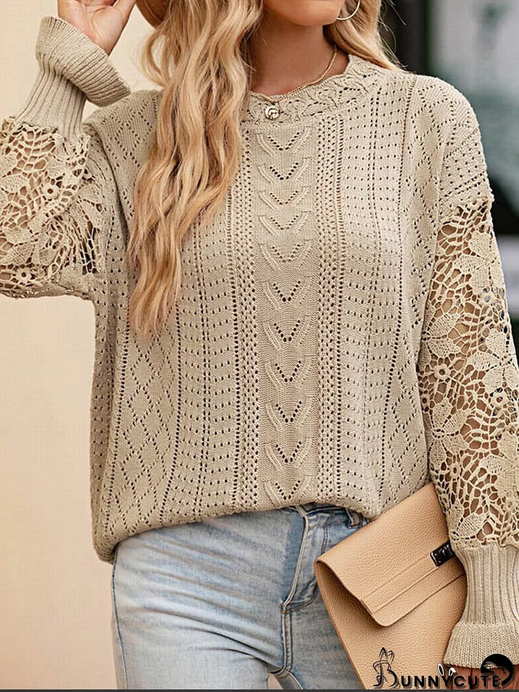 Women's Long Sleeve Scoop Neck Lace Stitching Knit Top