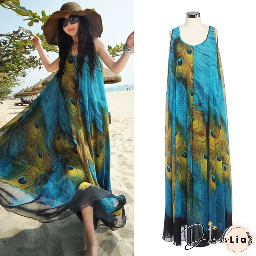 Women Maxi Evening Party Dress Summer Boho Long Beach Chiffon Peacock Dress M-XXL