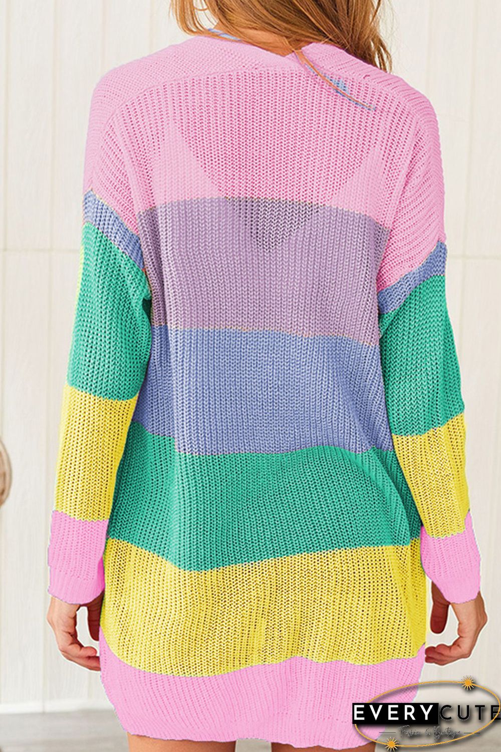 Pink Rainbow Color Block Open Front Drape Oversized Knitted Cardigan