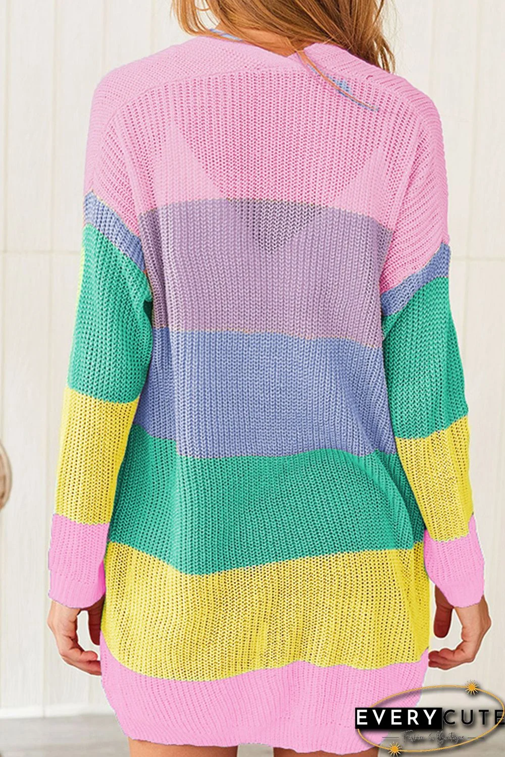 Pink Rainbow Color Block Open Front Drape Oversized Knitted Cardigan