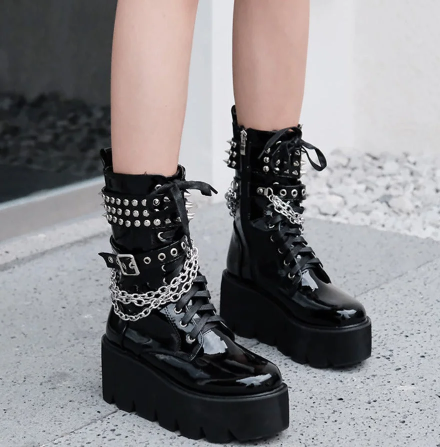Vstacam Dark Fashion Rivets Boots Women Vintage Gothic Girls Platform Shoes Sexy Chain Wedge Thick Bottom Dance Boots Plus Size