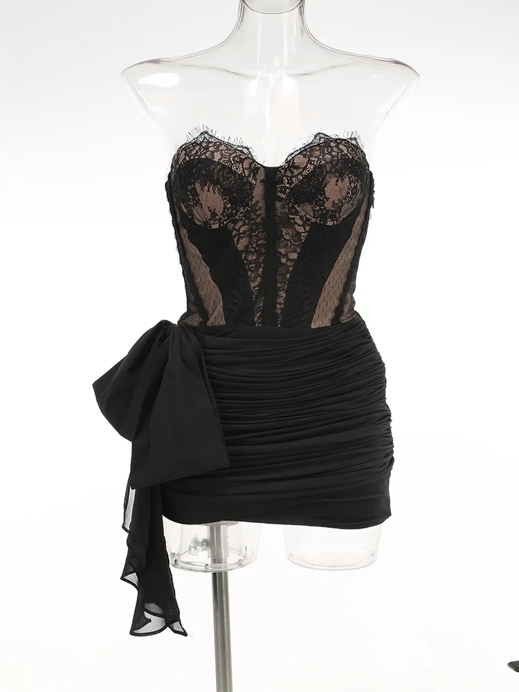 Brownm Women's New Sexy Perspective Lace Mesh Yarn Corset Dress High-End Temperament Tight Dress Dress