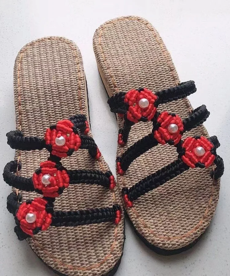 Boho Splicing Wedge Black Knit Fabric Slide Sandals Peep Toe