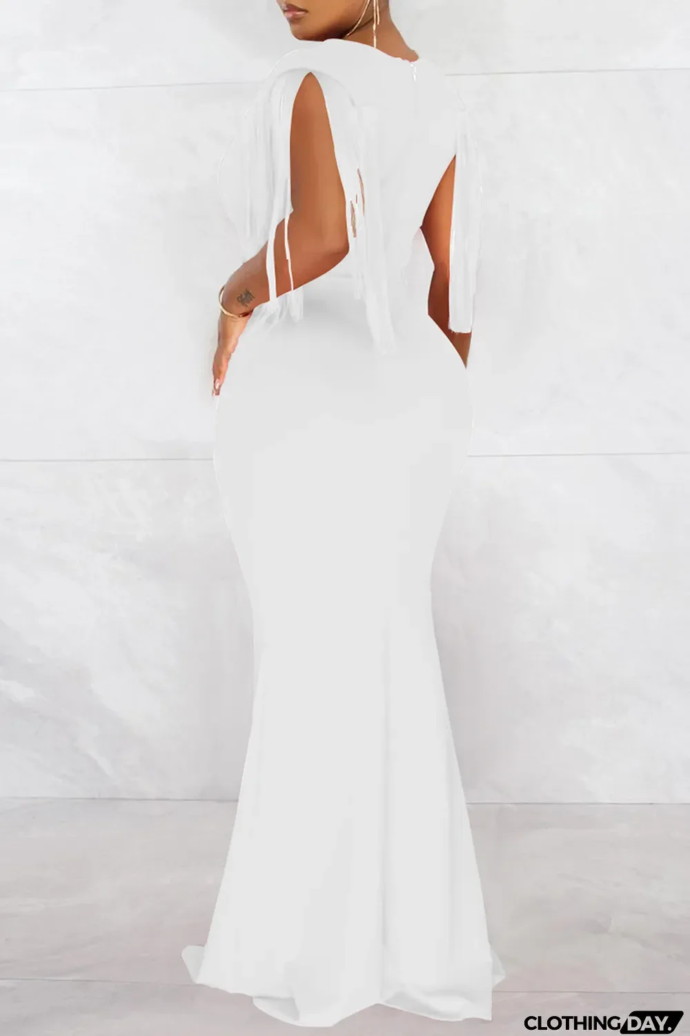 Black Fashion Sexy Solid Tassel Patchwork V Neck Long Dress