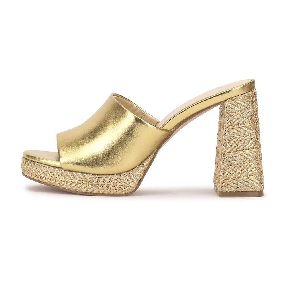 Gold Metallic Finish Woven Open Toe Block Heel Sandals with Platform
