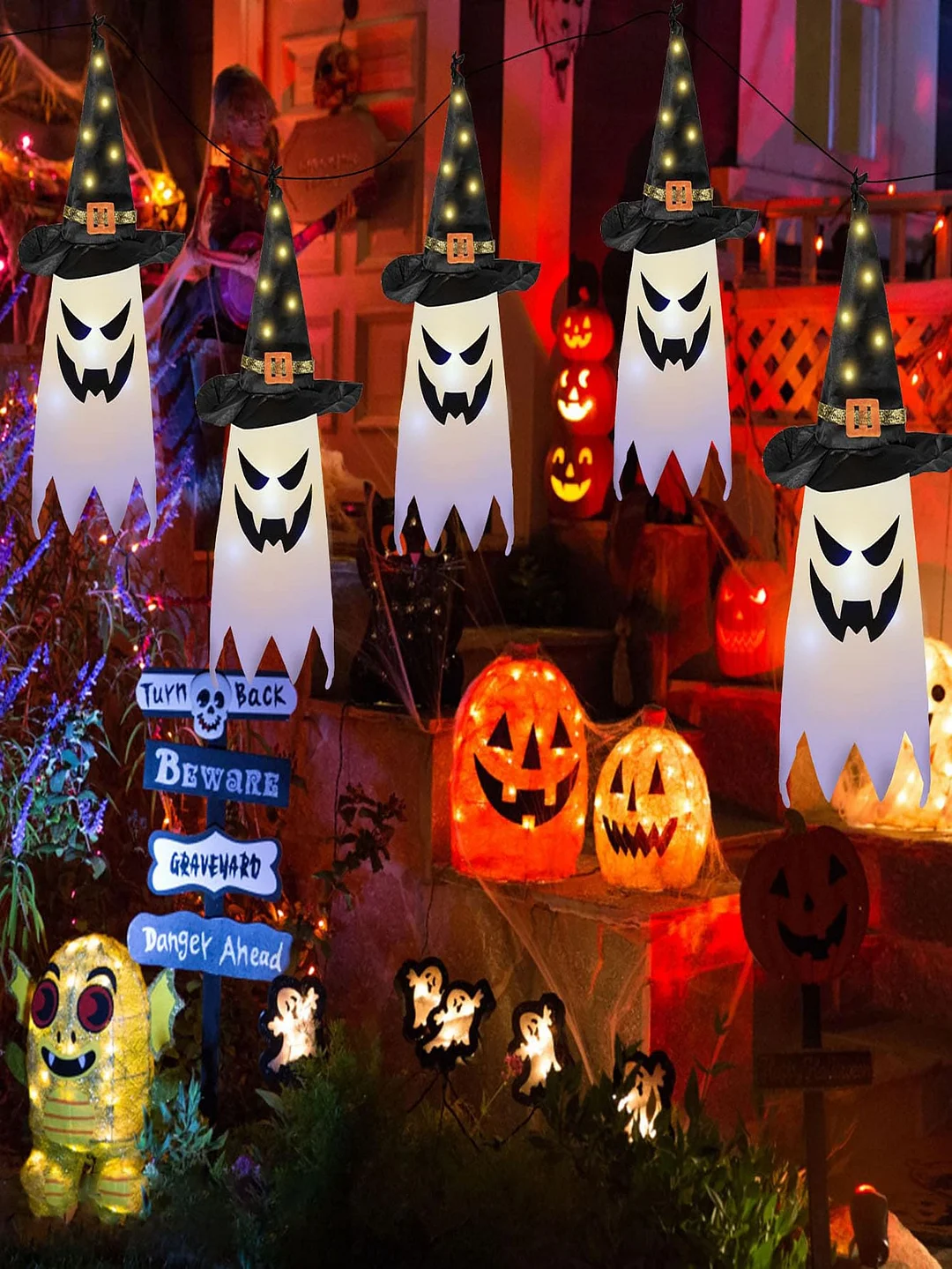 5pcs Halloween Decorations Outdoor Halloween Decor Hanging Outdoor String Lights Glowing Ghost Witch Hat