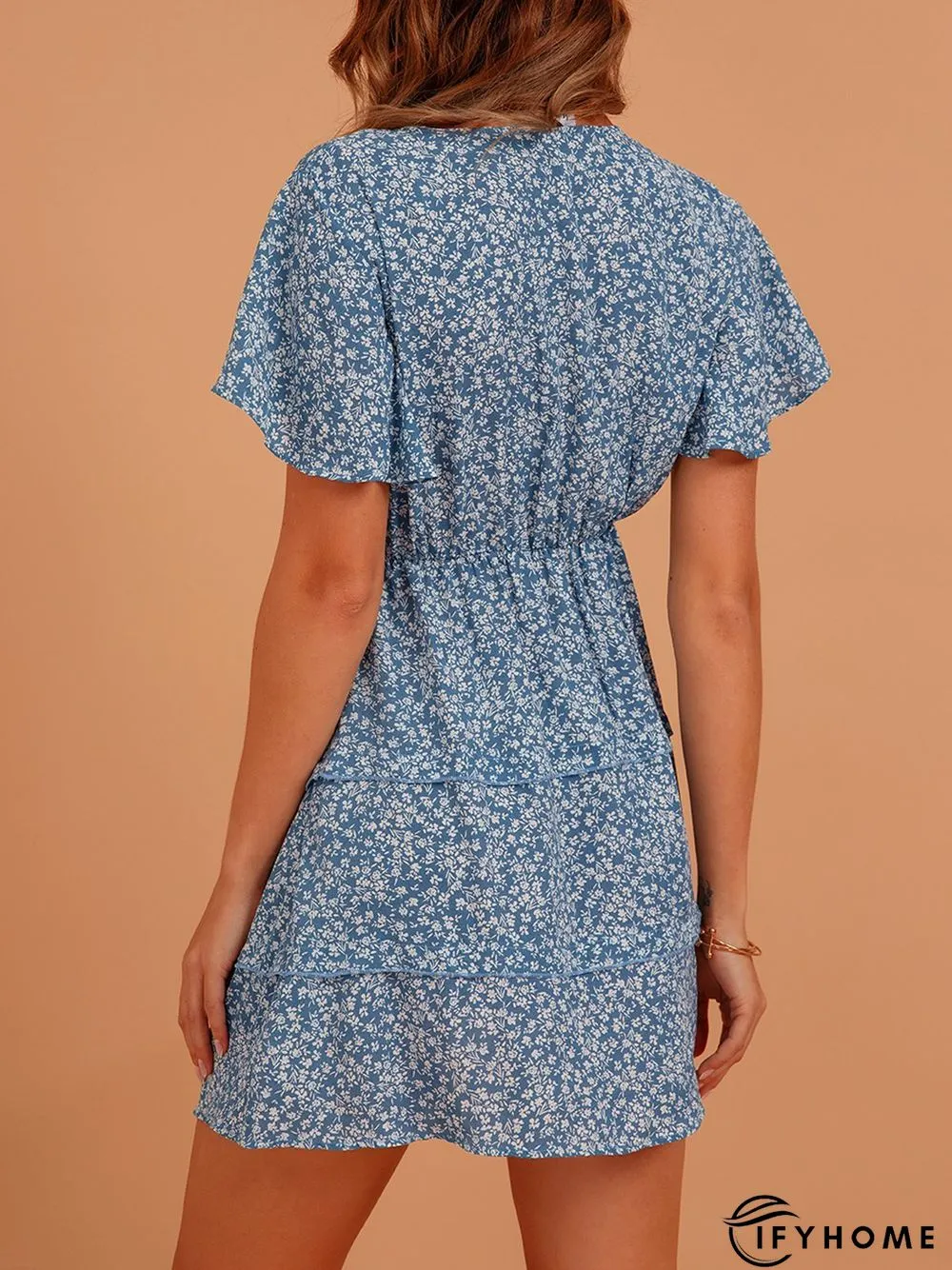 Blue Sweet V Neck Silk-Chiffon Weaving Dress | IFYHOME