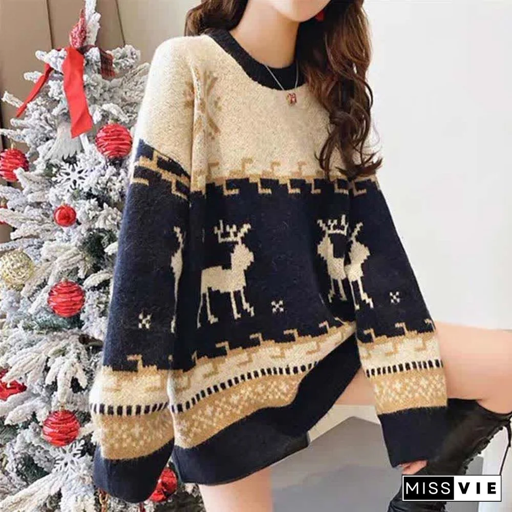 Christmas Reindeer Pattern Colorblock Round Collar Sweater