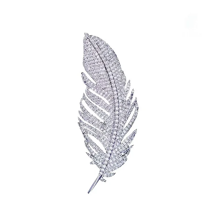 Jiebangke Luxury Silver Color Golden Crystal Feather Brooches For Women Rhinestone Alloy Plant Brooch Lady Party Safety Pins Jewelry Gift