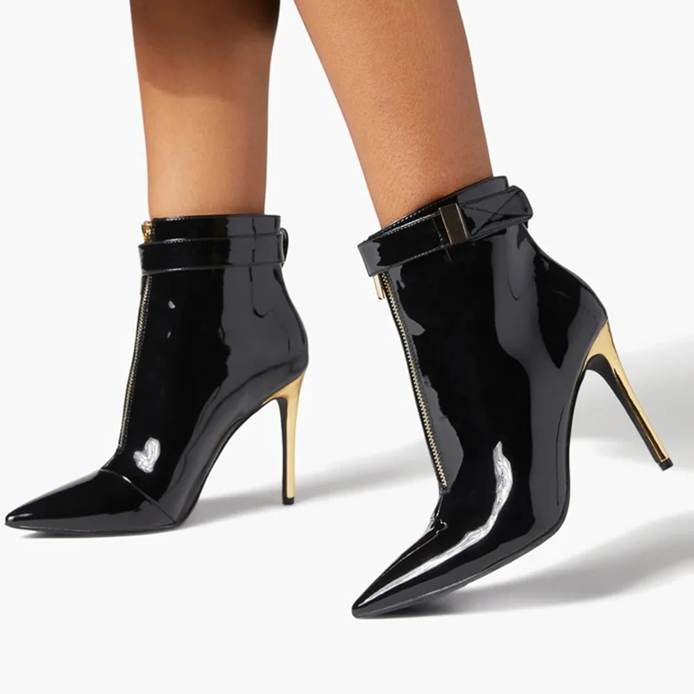 Black Patent Leather Ankle Boots Pointed Toe Stiletto Heel Boots Nicepairs