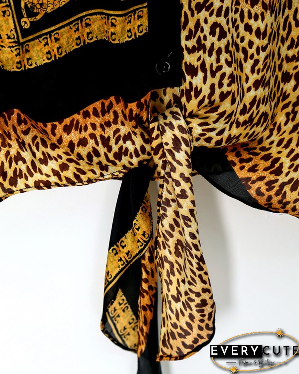 Leopard Print Knot Front Long Sleeve Blouse