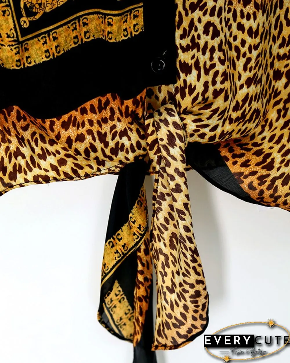 Leopard Print Knot Front Long Sleeve Blouse