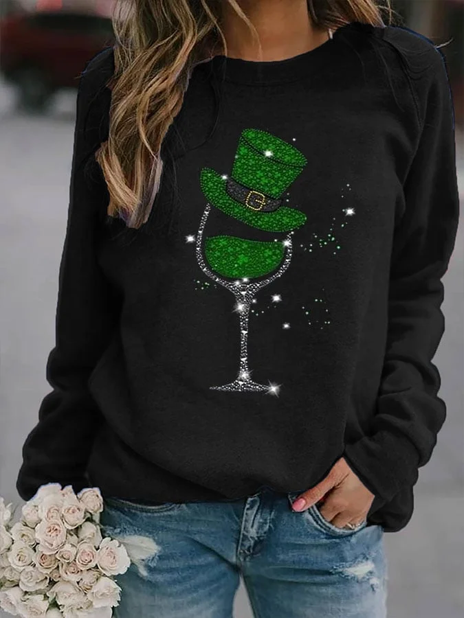 Women's Shamrock Wine Glasses Print Sweatshirt socialshop