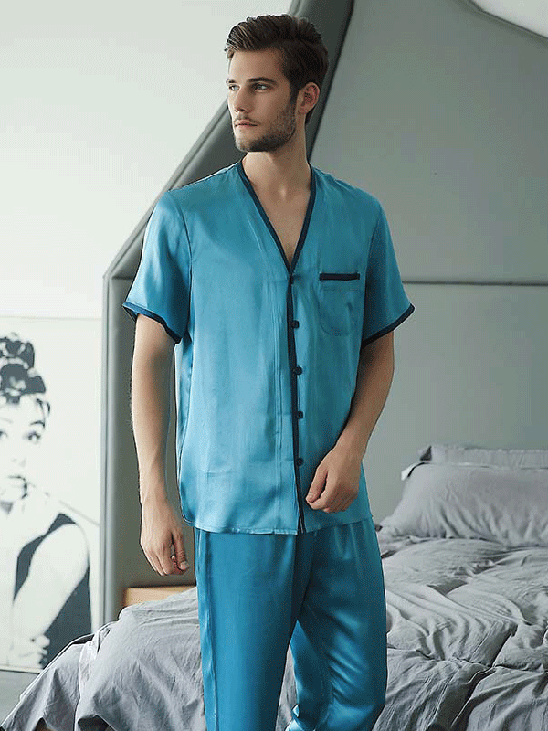 22 MOMME Pyjama en soie classique col V manches courtes bleu - SOIE PLUS