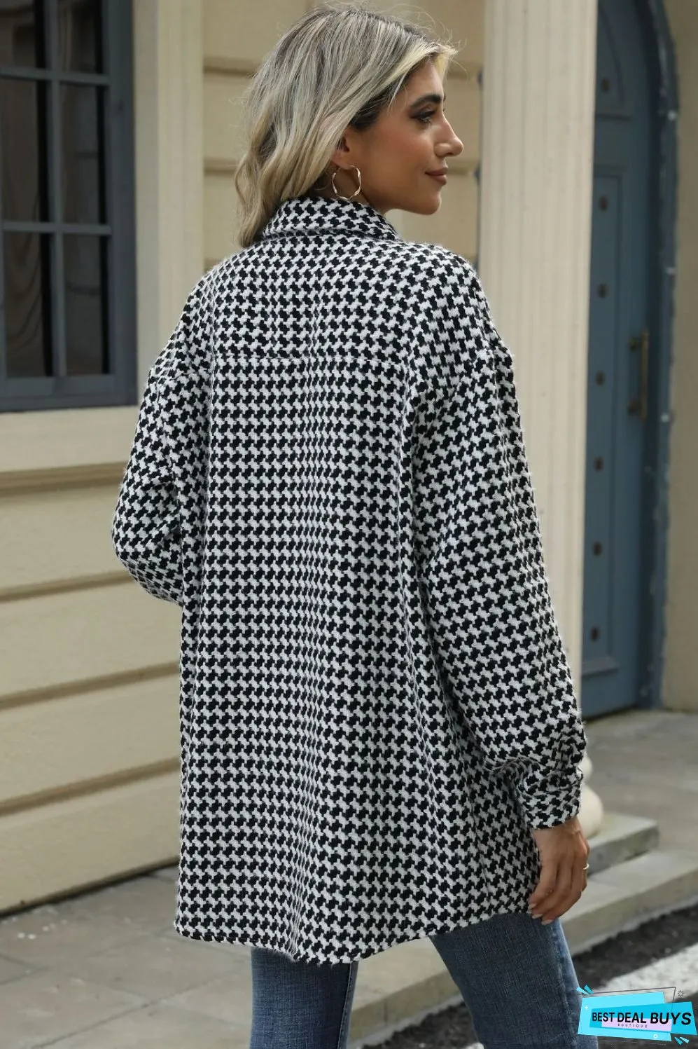 Houndstooth Button Up Dropped Shoulder Coat