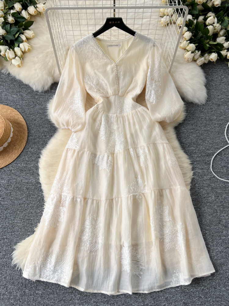 Revivalwheels costumes for women sexy Women Elegant Long Dress French Sexy V-neck Beaded Embroidered Lantern Sleeves Vintage Dresses Ladies Floral Beach Long Robe