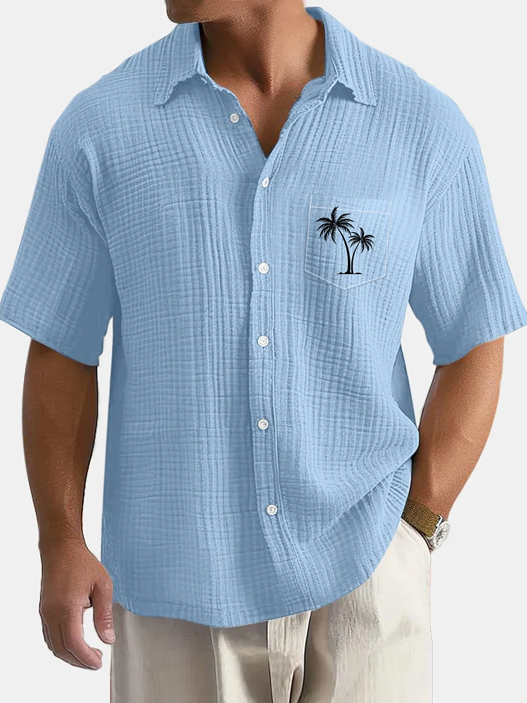 Men's Casual Daily Solid Color Puff Wrinkle Pocket Coconut Print Short Sleeve Shirt