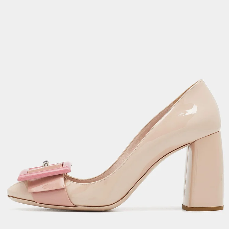 Nude Patent Leather Shoes Pink Oversized Buckle Block Heel Pumps |FSJ Shoes