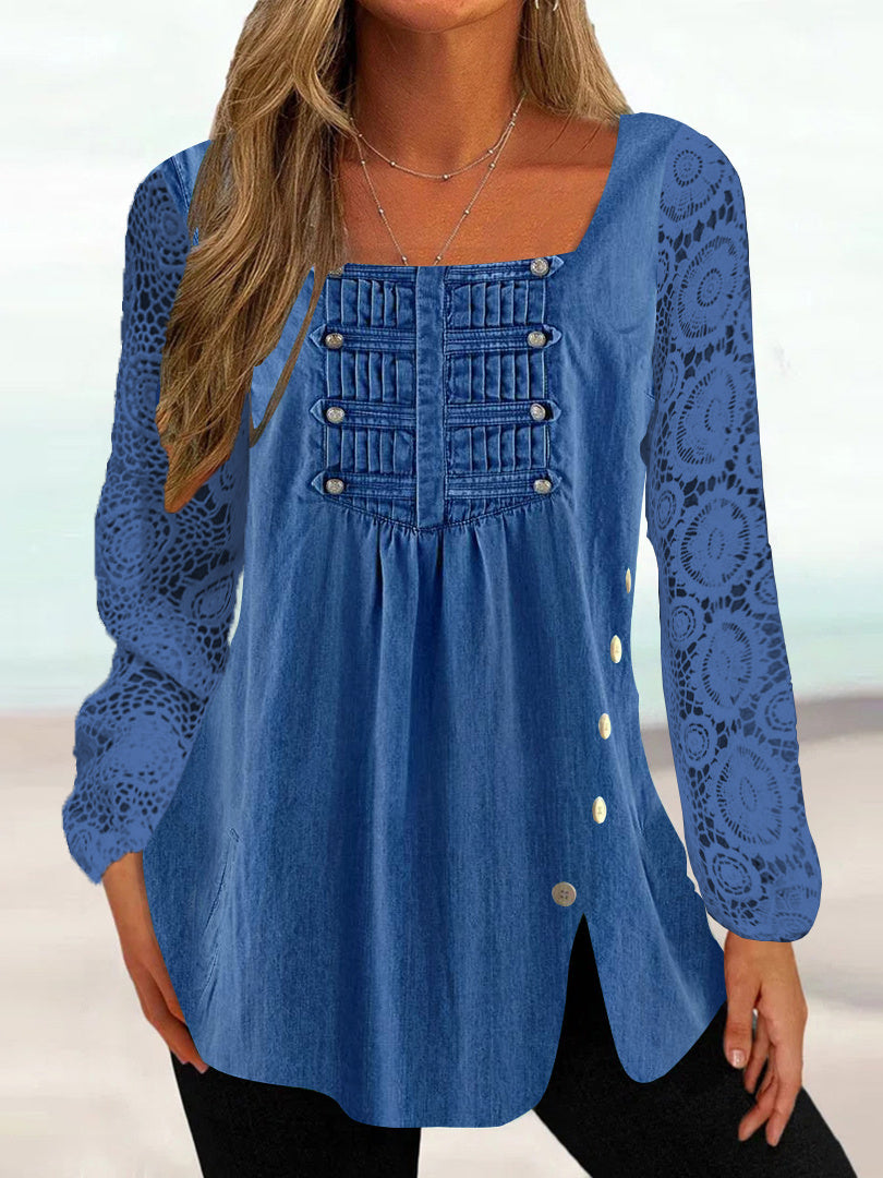 Women Long Sleeve U-neck Solid Lace Button Tops